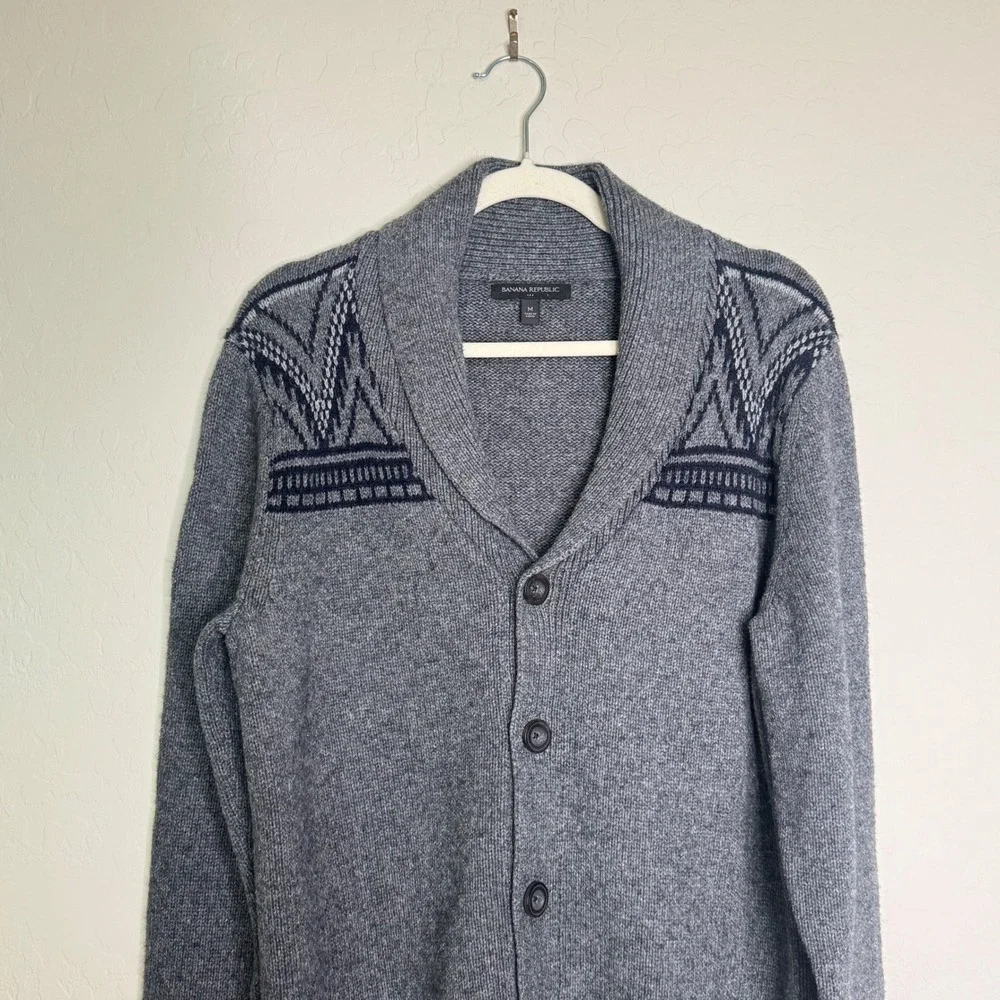 Banana Republic Mens Cotton Blend Cardigan M Grey Shawl Collar Preppy Academia